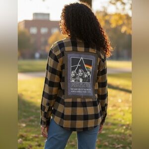 #808 Upcycle Plaid Flannel with Pink Floyd Patch